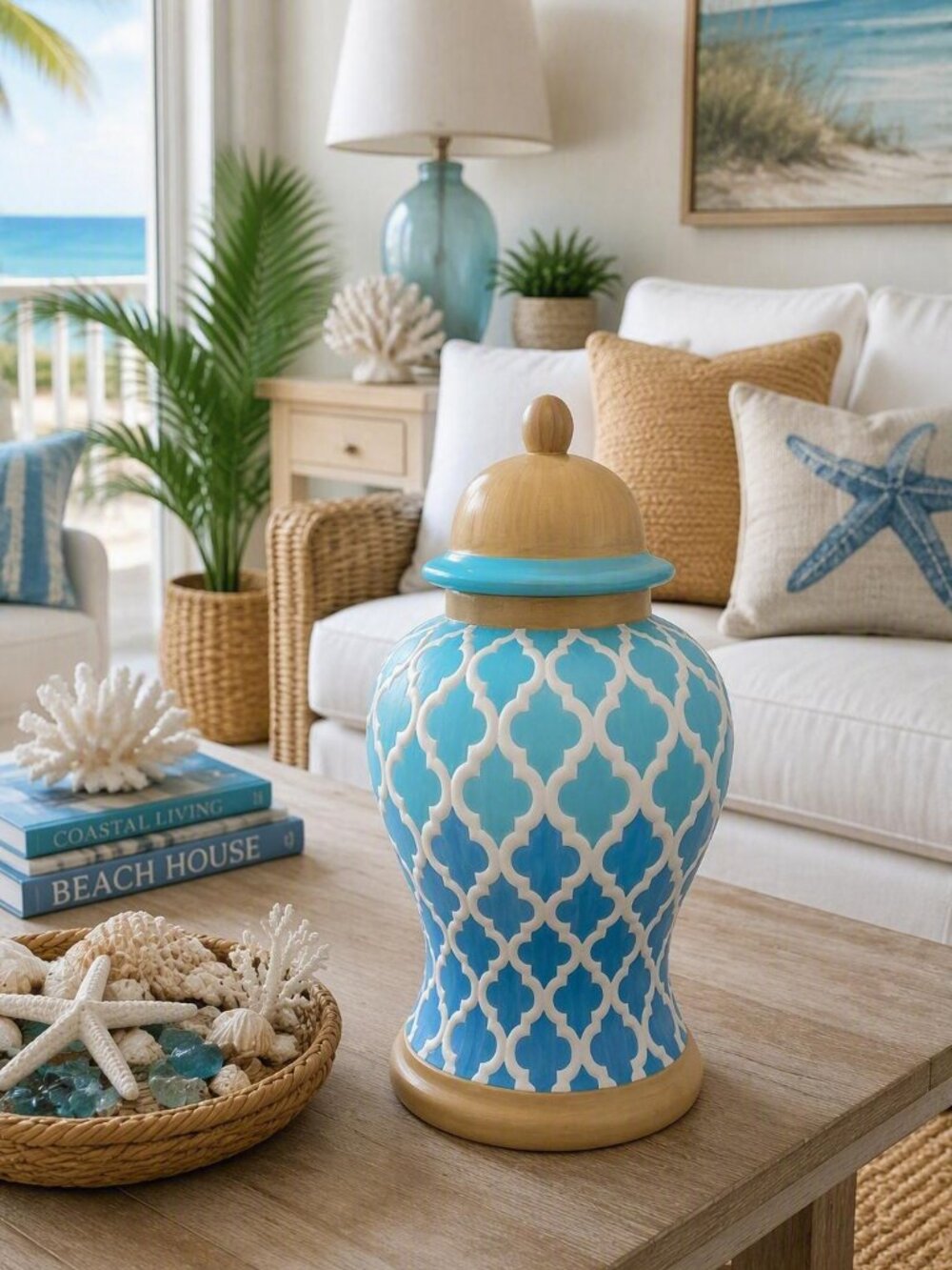 One of a kind Hand Painted Beach Inspired Decorative Ceramic/Porcelain Urn/Vase